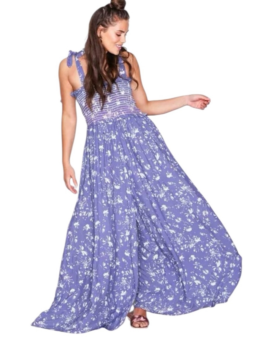 Free People Color My World Purple Floral  Wide-Leg Jumpsuit Sz S